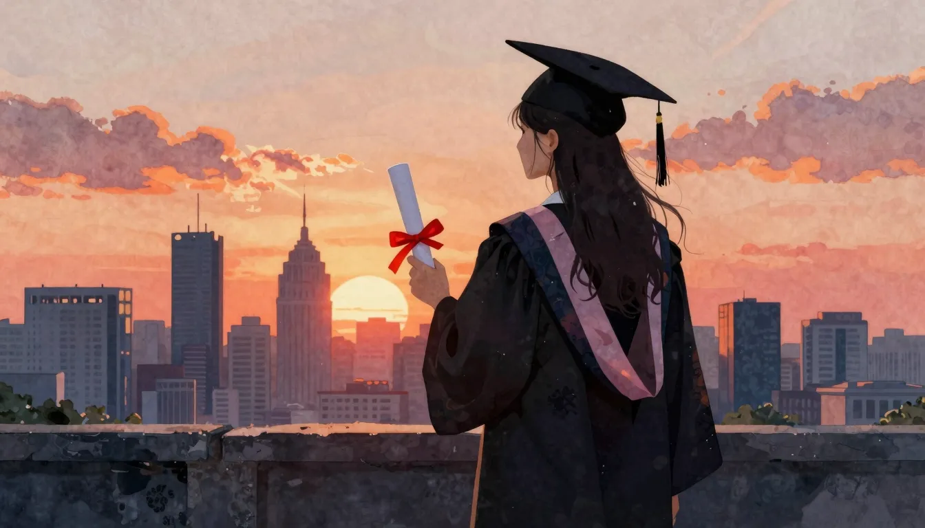 Watercolor style. A silhouette of a girl in a graduation cap...