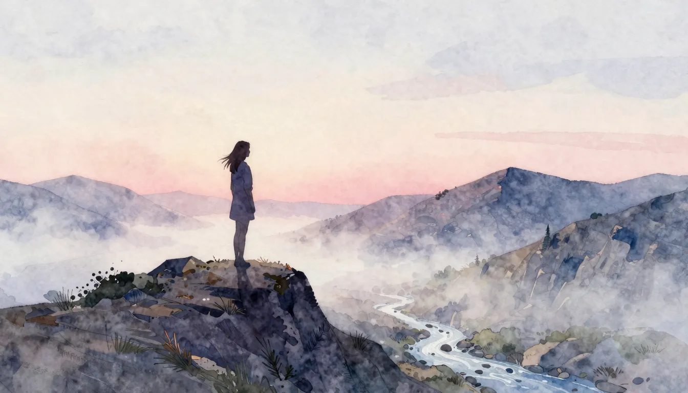 Watercolor style. Silhouette of a woman standing on a mounta...