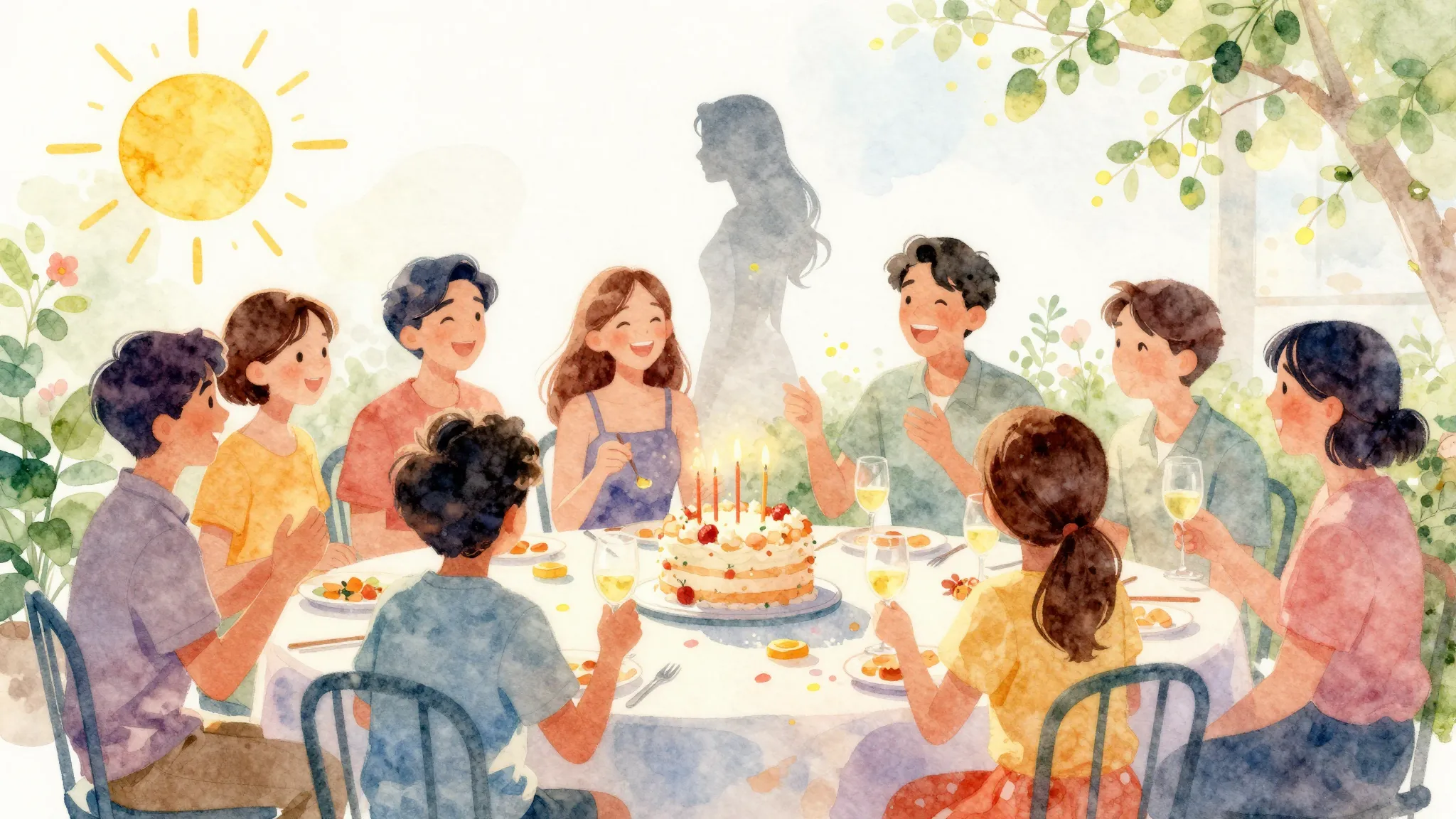 Vibrant watercolor style. Birthday celebration, joyful atmos...