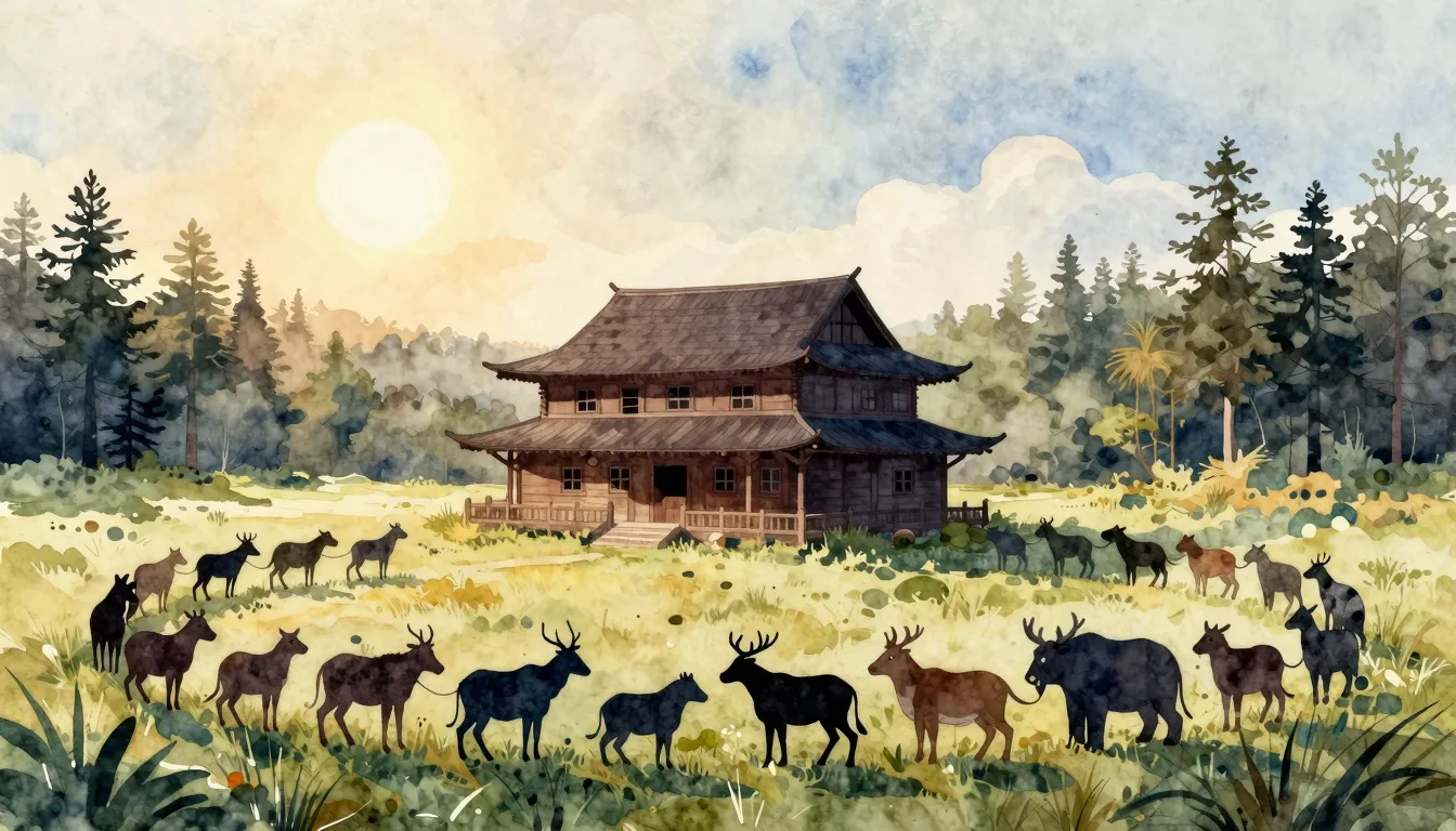 Watercolor style. Silhouette of a large traditional wooden h...