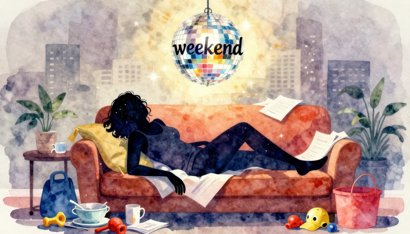 Vibrant watercolor style. Pop. A tired woman's silhouette co...