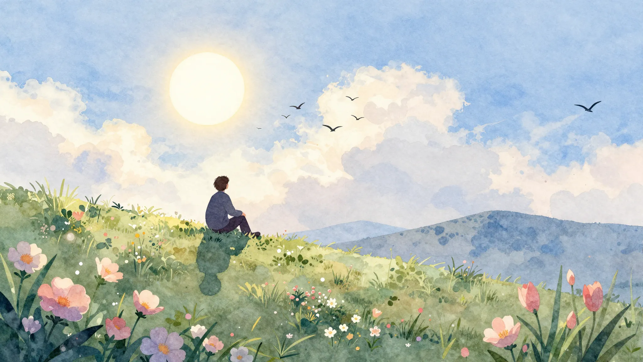 Watercolor style. A serene landscape with a silhouette of a ...