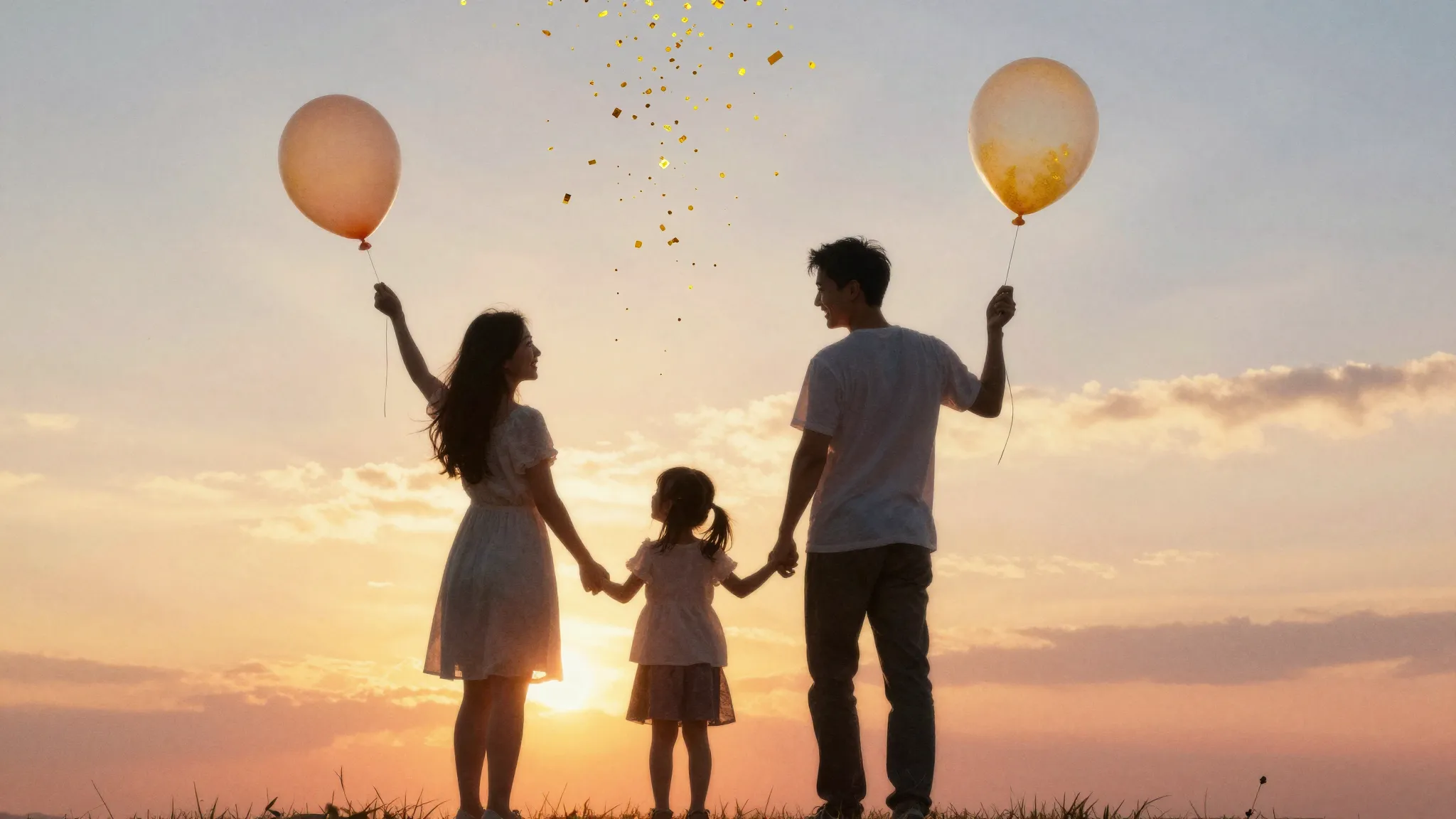 Watercolor style. Silhouette of a happy family of three stan...