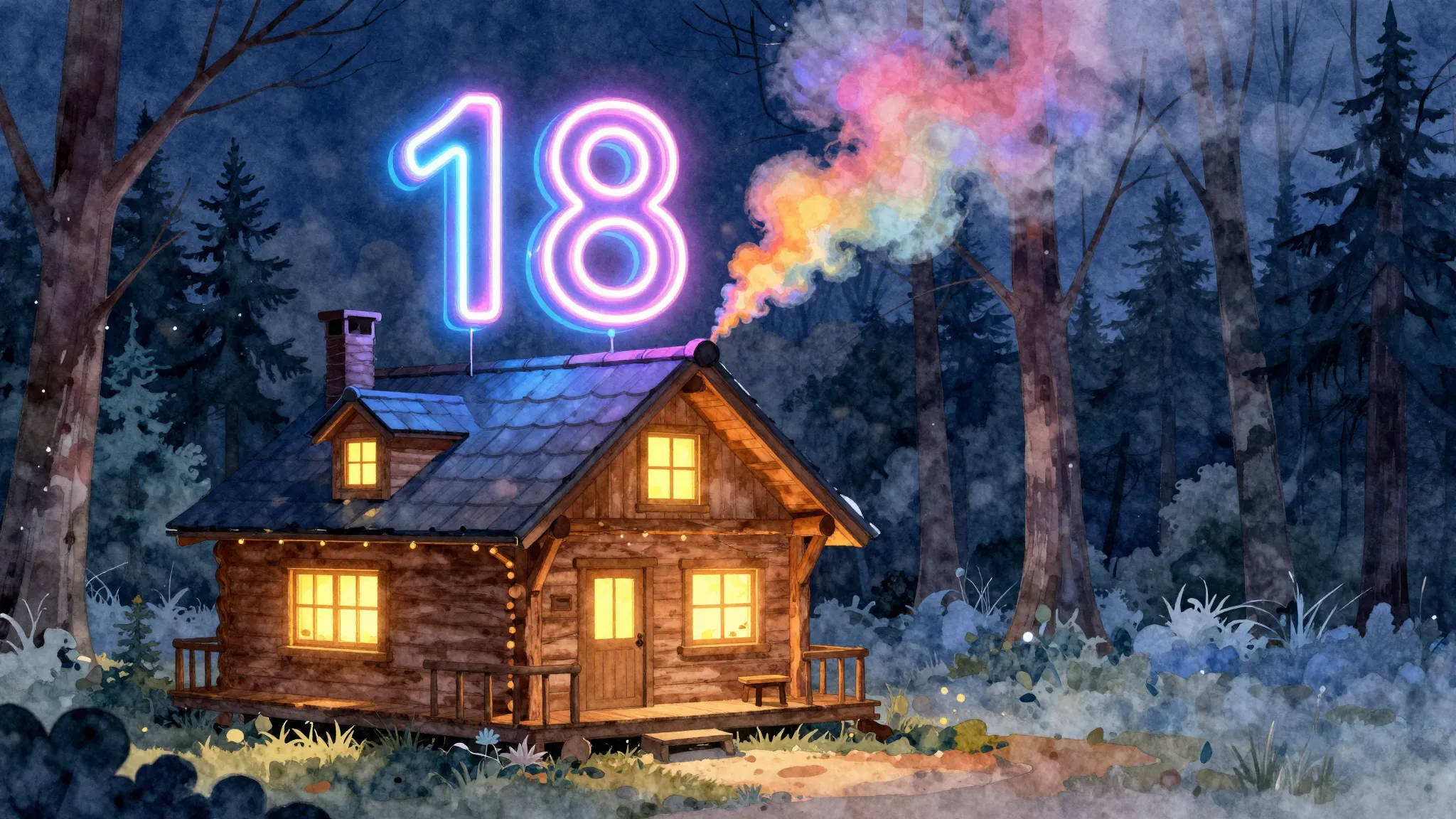 Watercolor style. A cozy wooden cabin in the woods at night,...