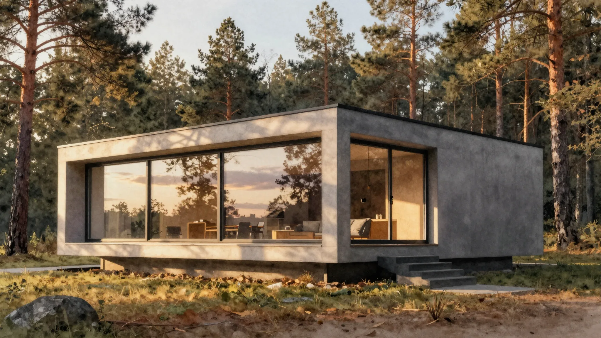 Watercolor style. Modern minimalist cottage architecture in ...