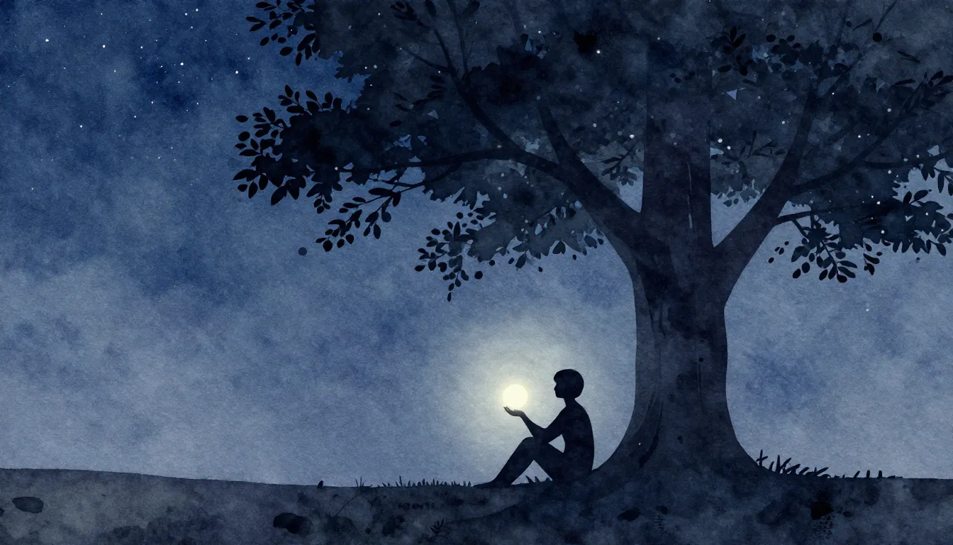 Watercolor style. Silhouette of a person sitting under a lar...