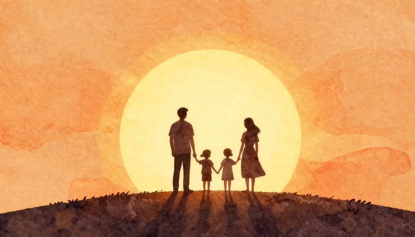 Watercolor style. Silhouettes of a father, mother, and two c...