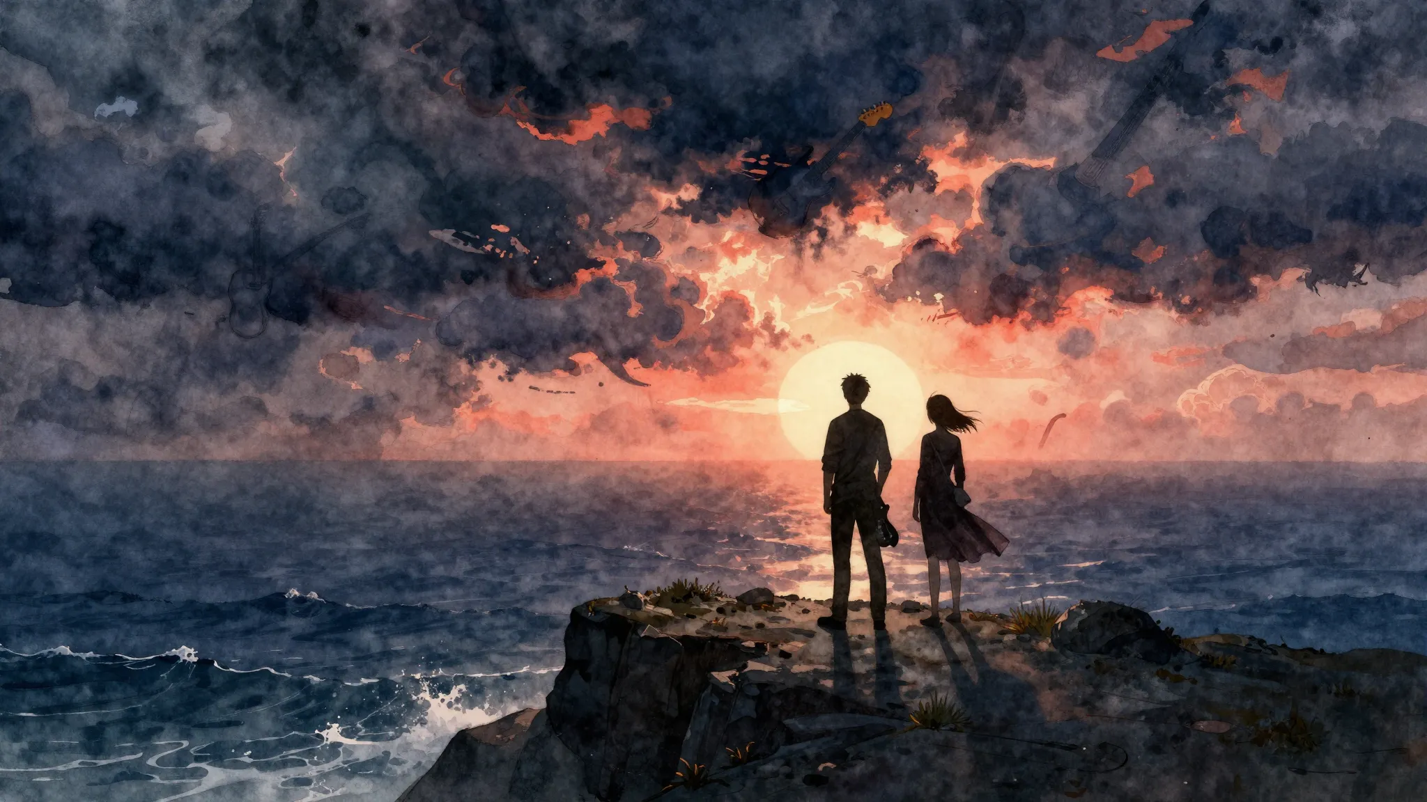 Watercolor style. Two silhouettes stand on a cliff edge, wat...