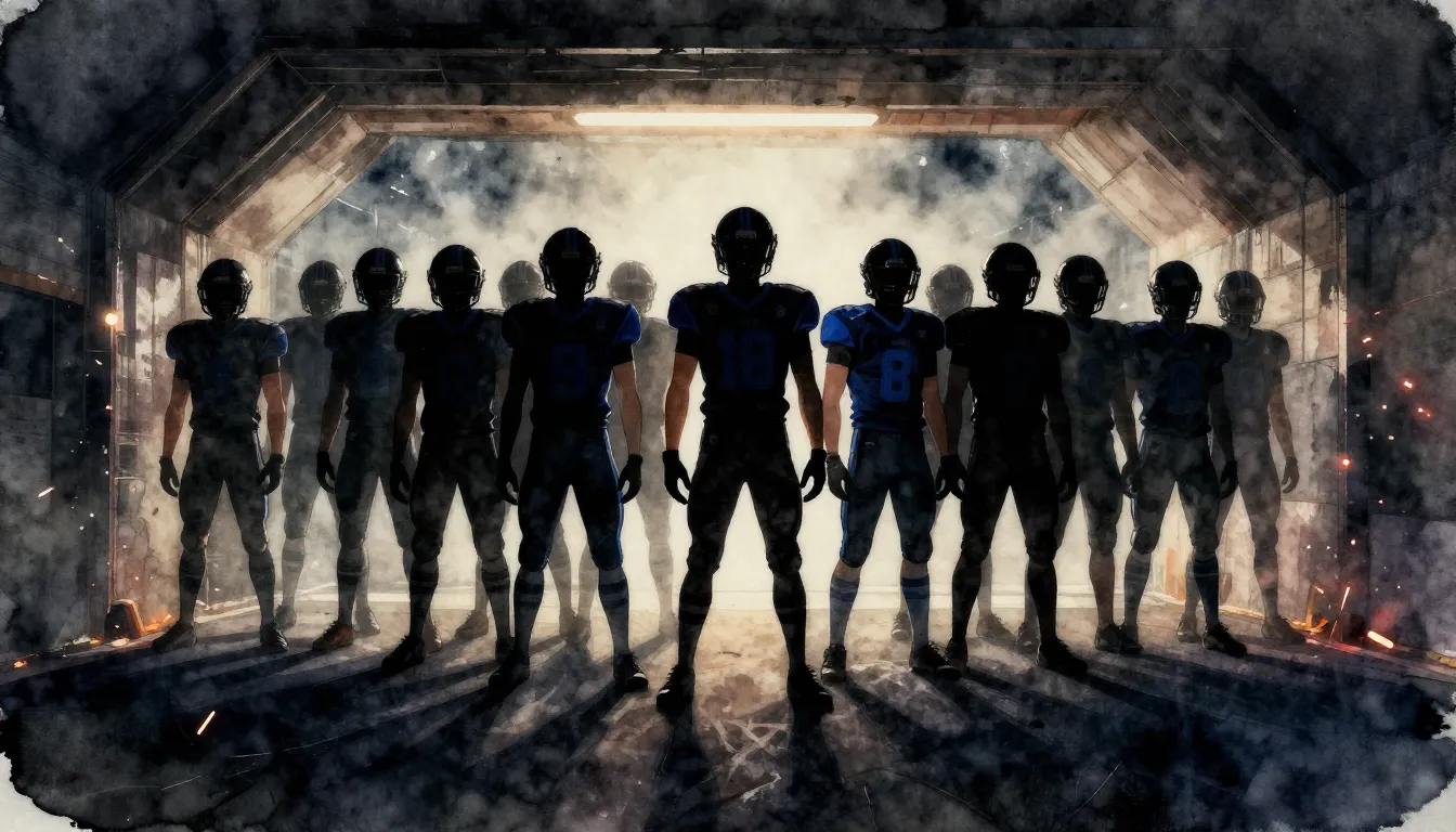 Watercolor style. Cinematic silhouette of a football team in...