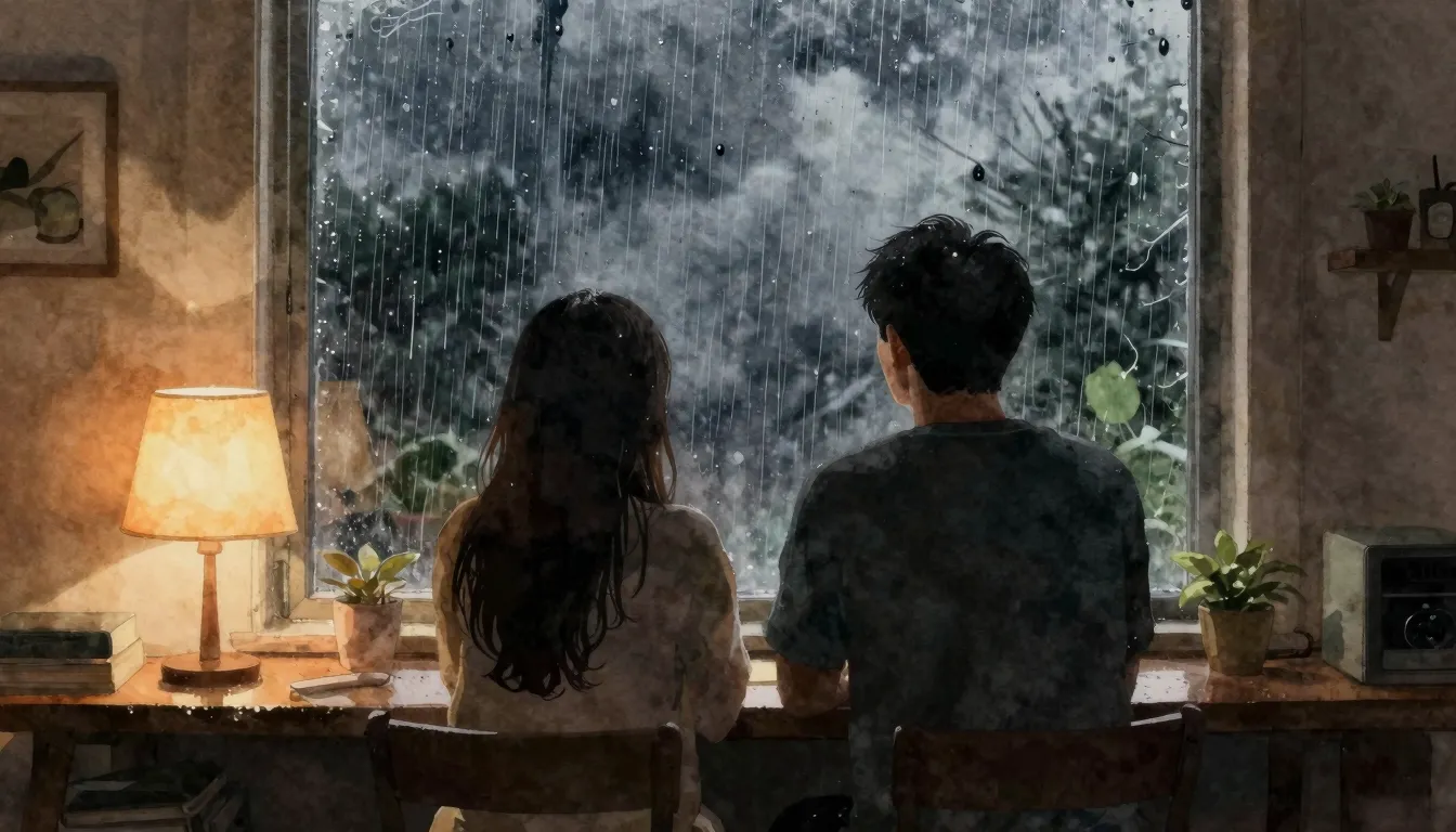 Watercolor style. Silhouette of a couple looking out a windo...