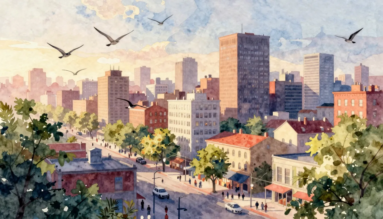 Vibrant watercolor style. A vibrant city awakening at dawn, ...