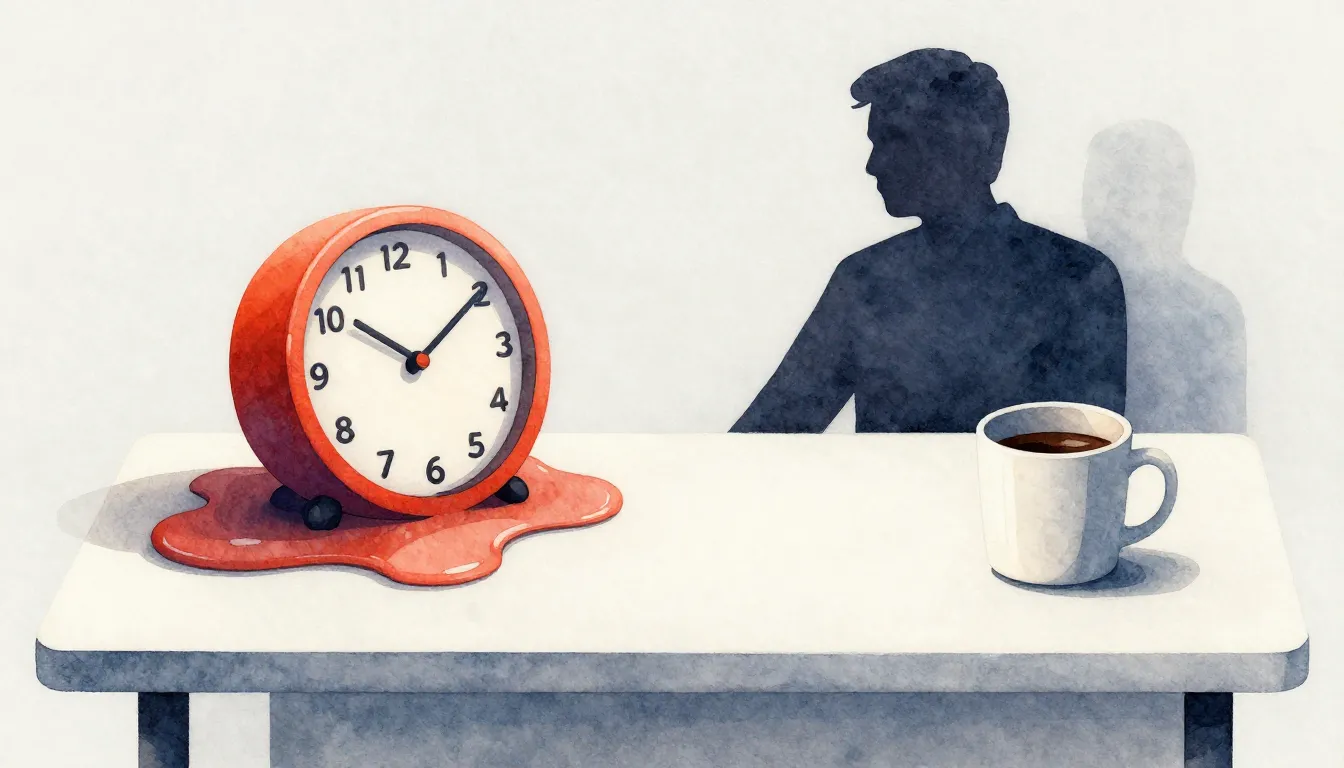 Watercolor style. A minimalist office desk with a melting cl...