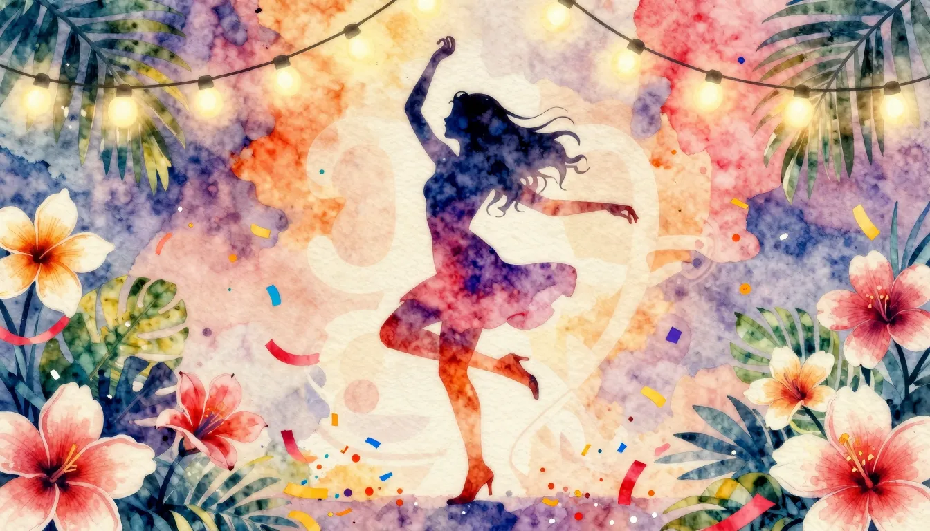 Watercolor style. A vibrant silhouette of a woman dancing ag...