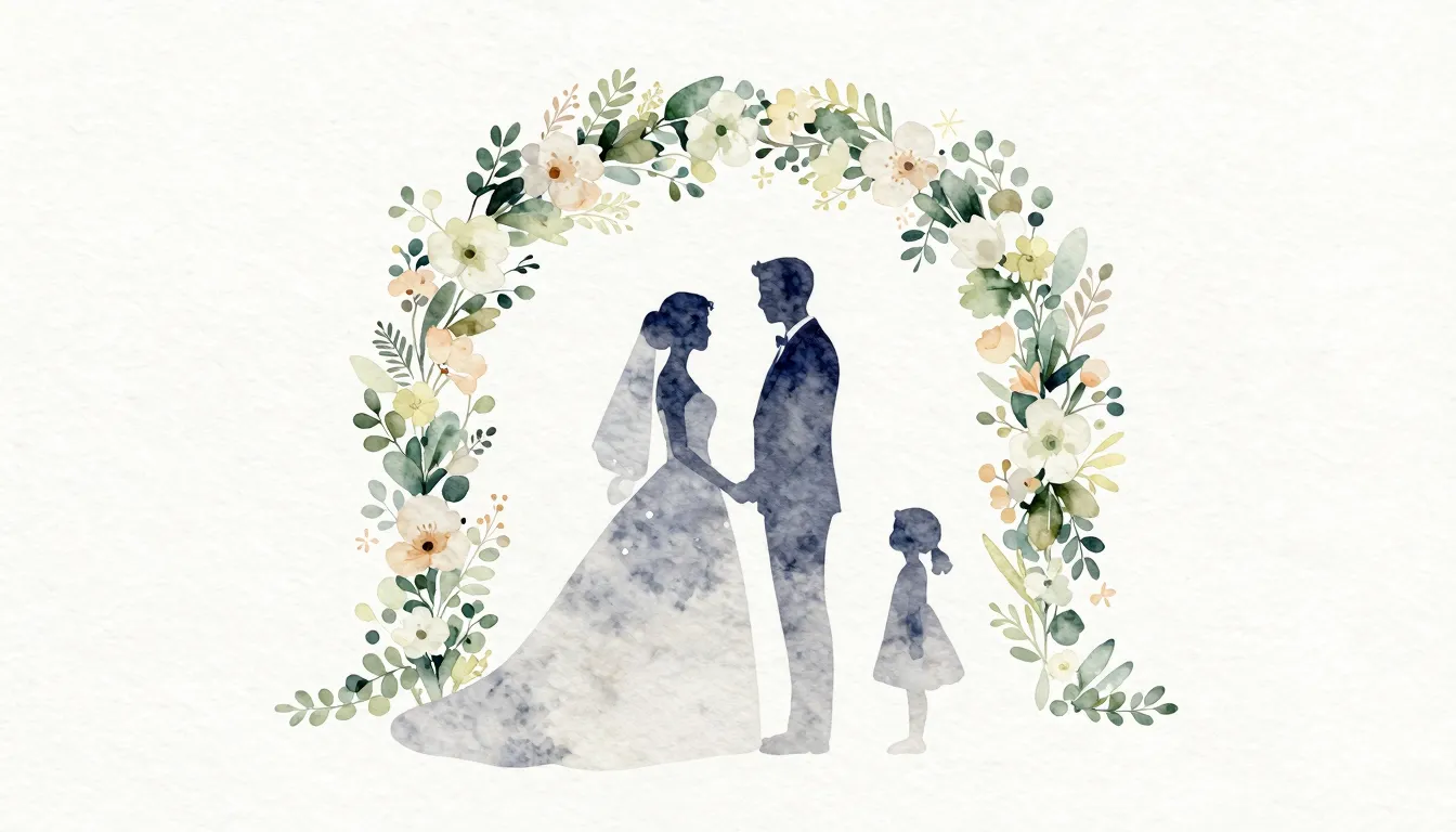 Watercolor style. Silhouettes of a bride and groom standing ...
