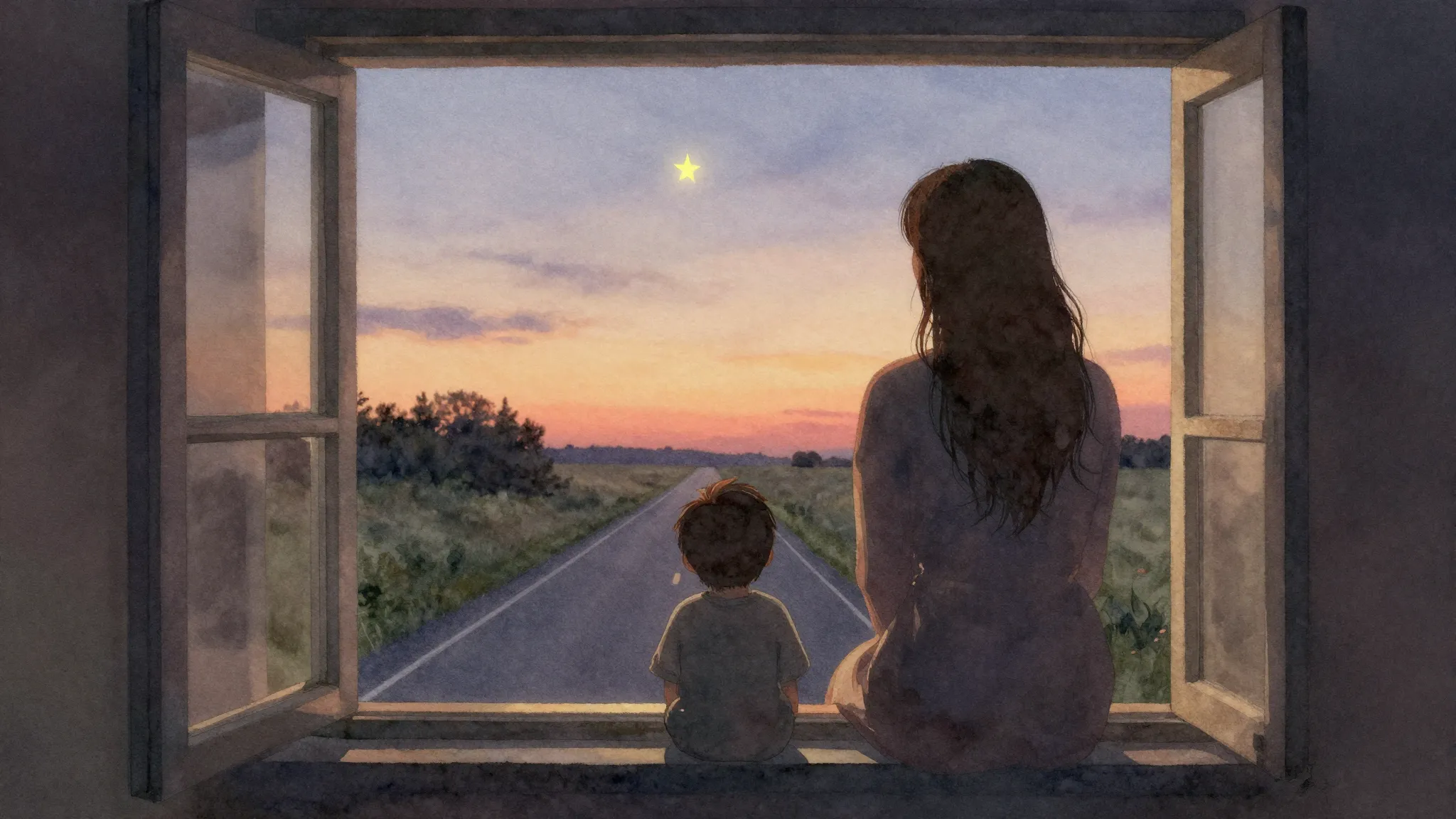 Watercolor style. A silhouette of a woman and a small boy lo...