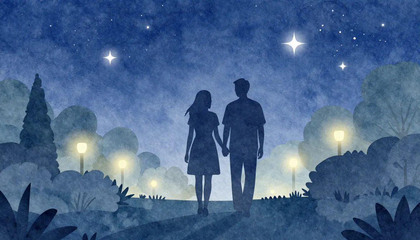 Watercolor style. A silhouette of a couple walking in a park...