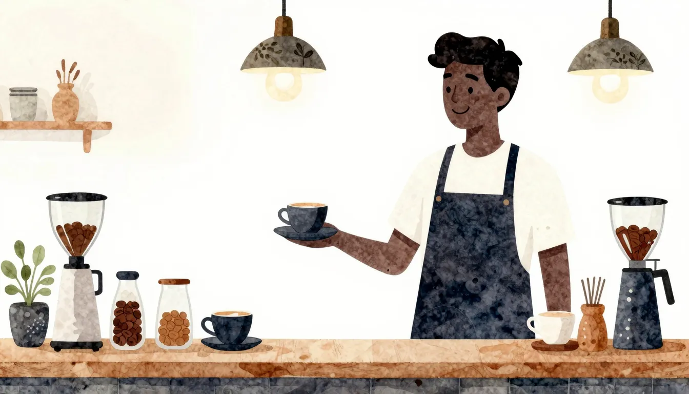 Watercolor style. A smiling barista silhouette serving coffe...