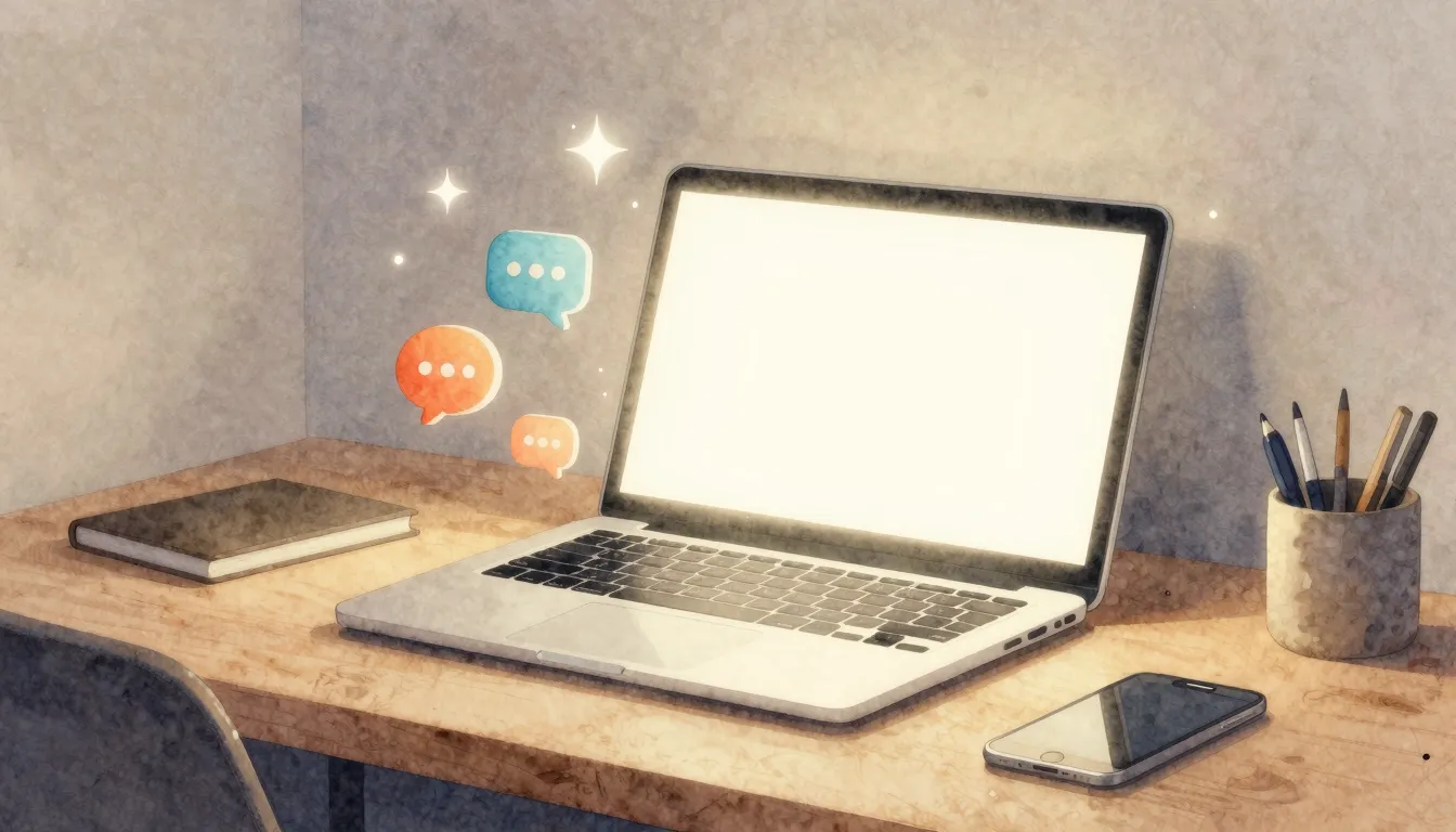 Watercolor style. A cozy desk with a glowing laptop screen, ...