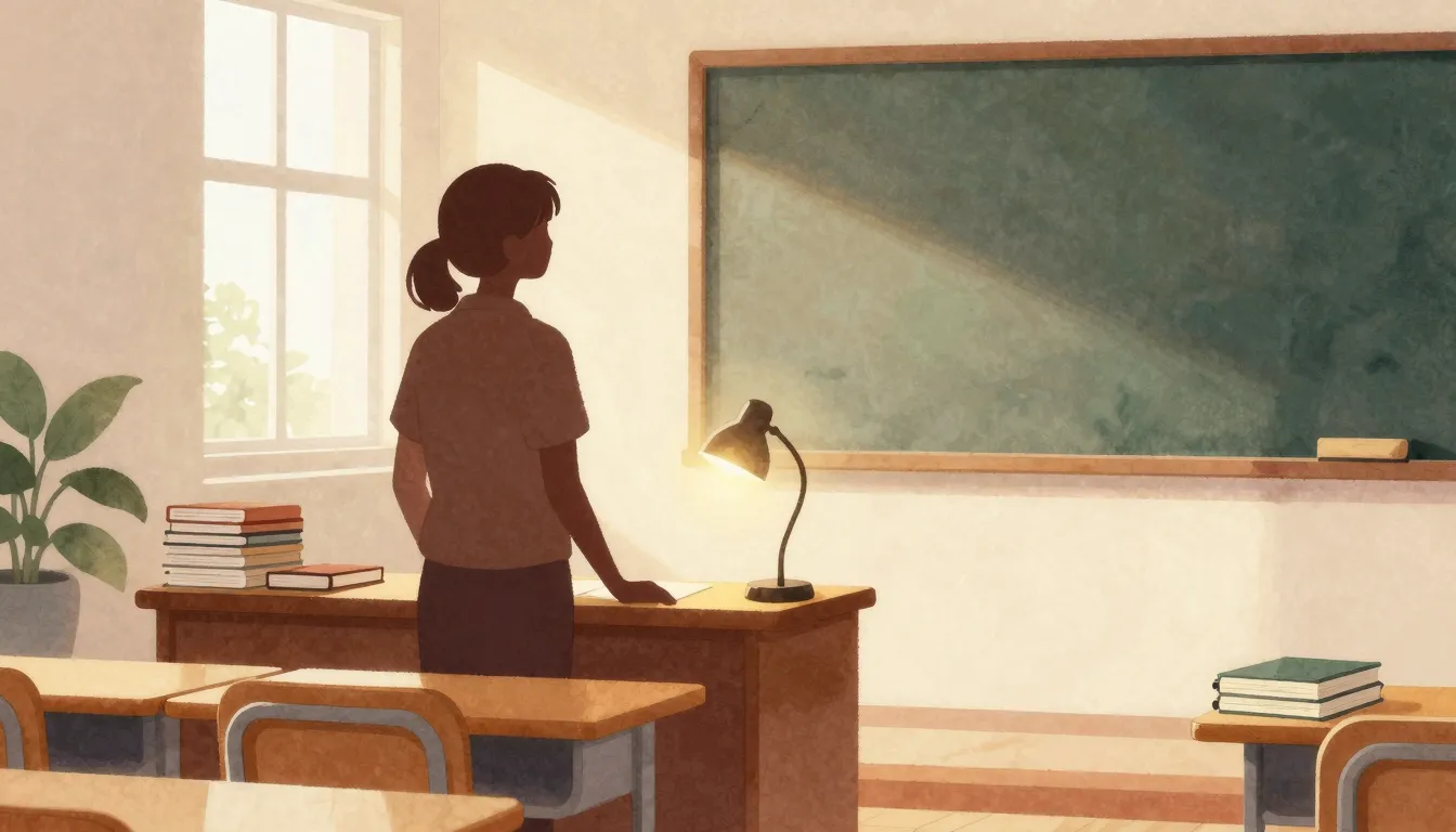 Watercolor style. A warm classroom silhouette with a teacher...
