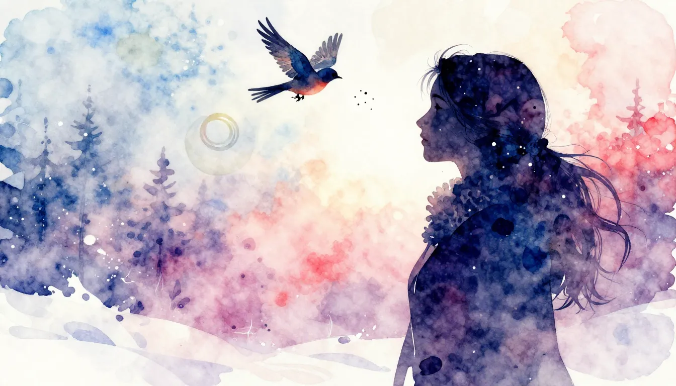 Vibrant watercolor style. Folk song cover: winter, a woman's...