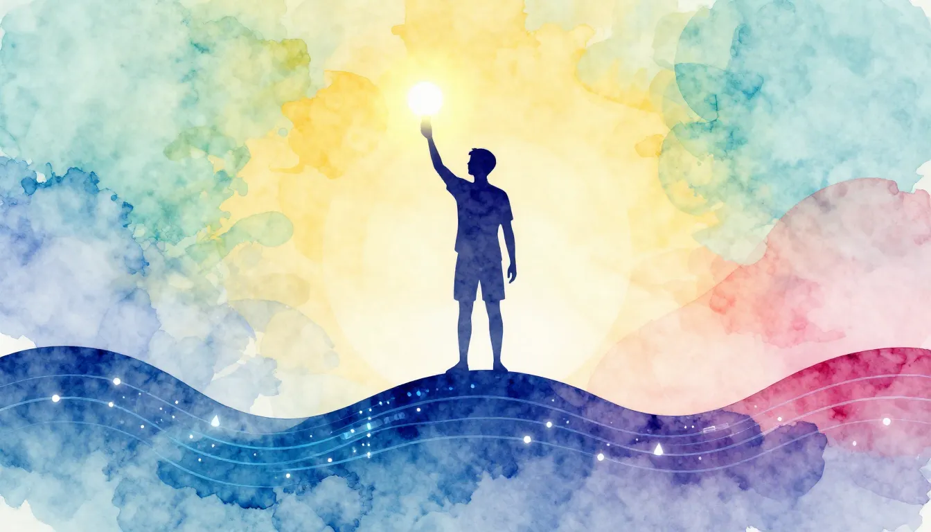 Watercolor style. A stylized silhouette of a person standing...