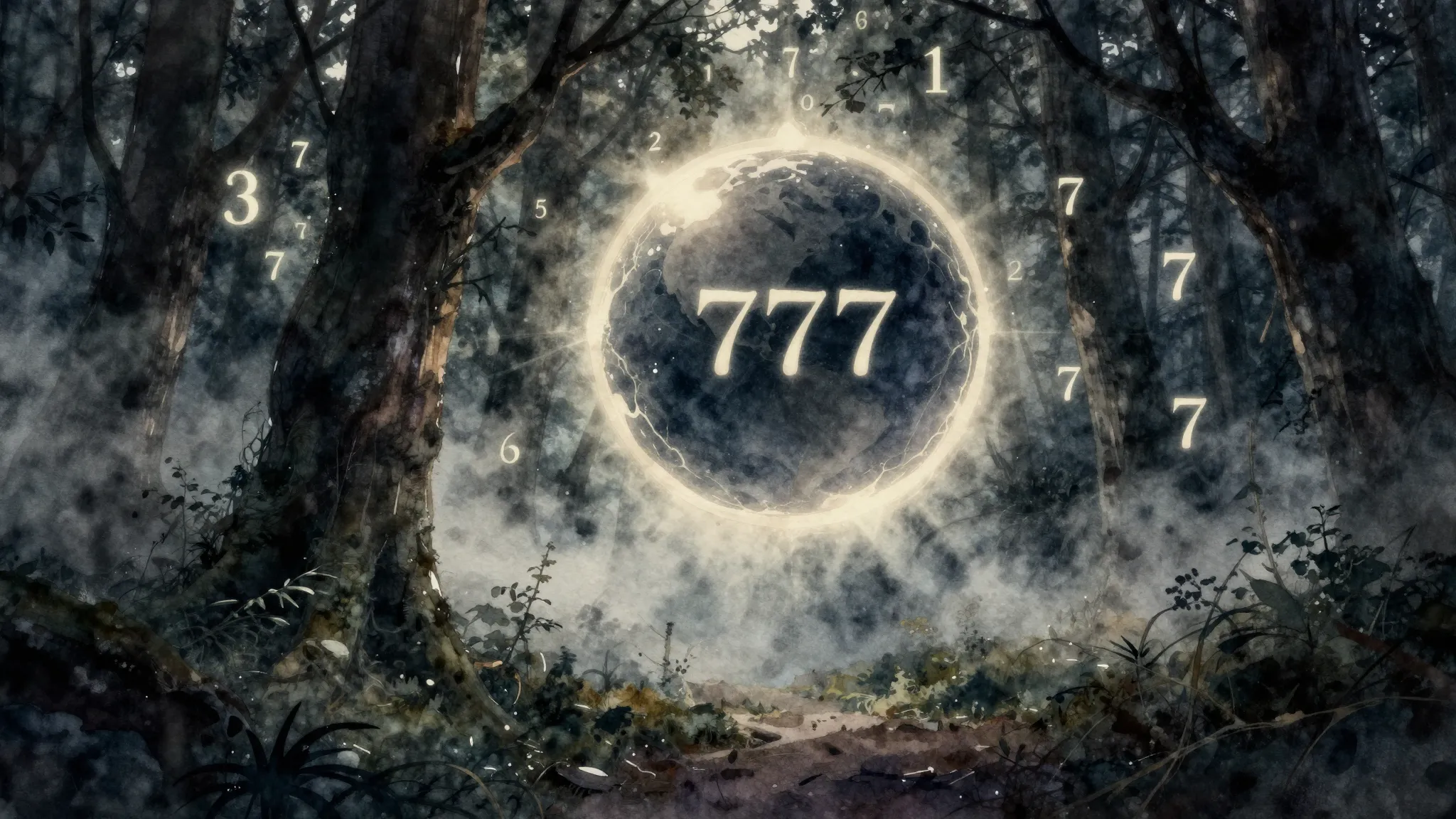 Watercolor style. A dark mystical forest with a glowing silh...