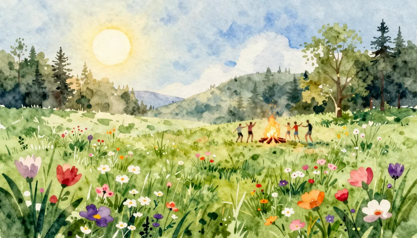 Watercolor style. A serene landscape showing the transition ...