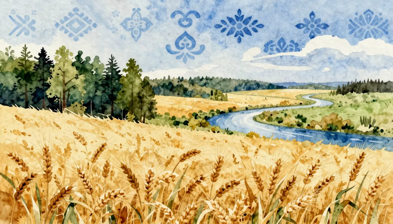 Watercolor style. A wide landscape featuring a golden wheat ...