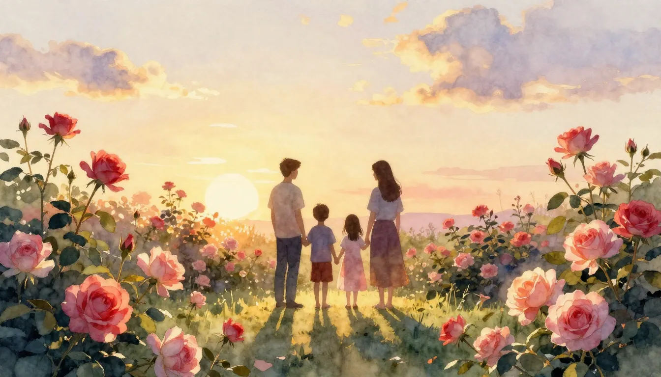 Watercolor style. A serene garden at sunset, blooming roses,...