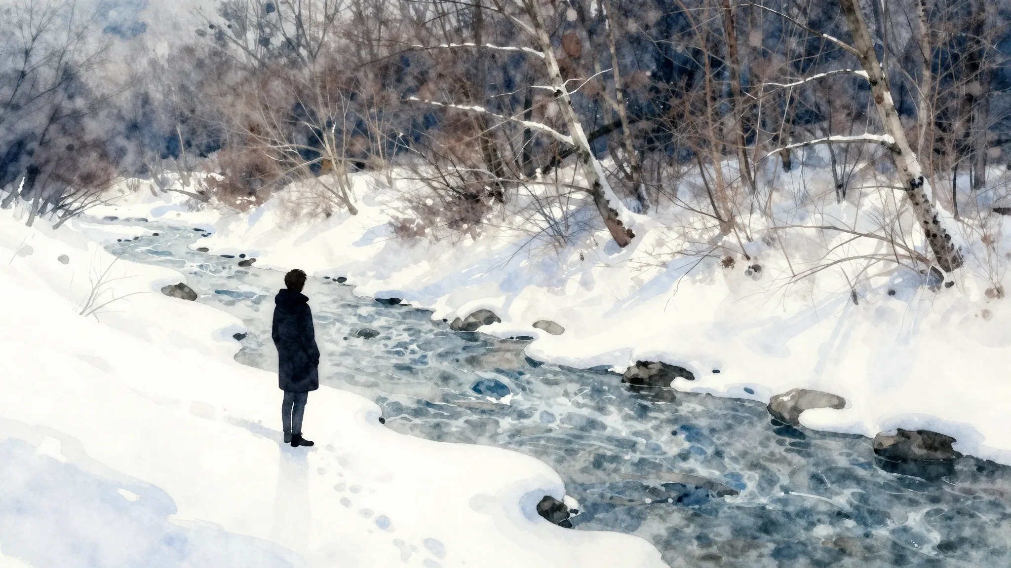 Watercolor style. A silhouette of a person standing alone in...