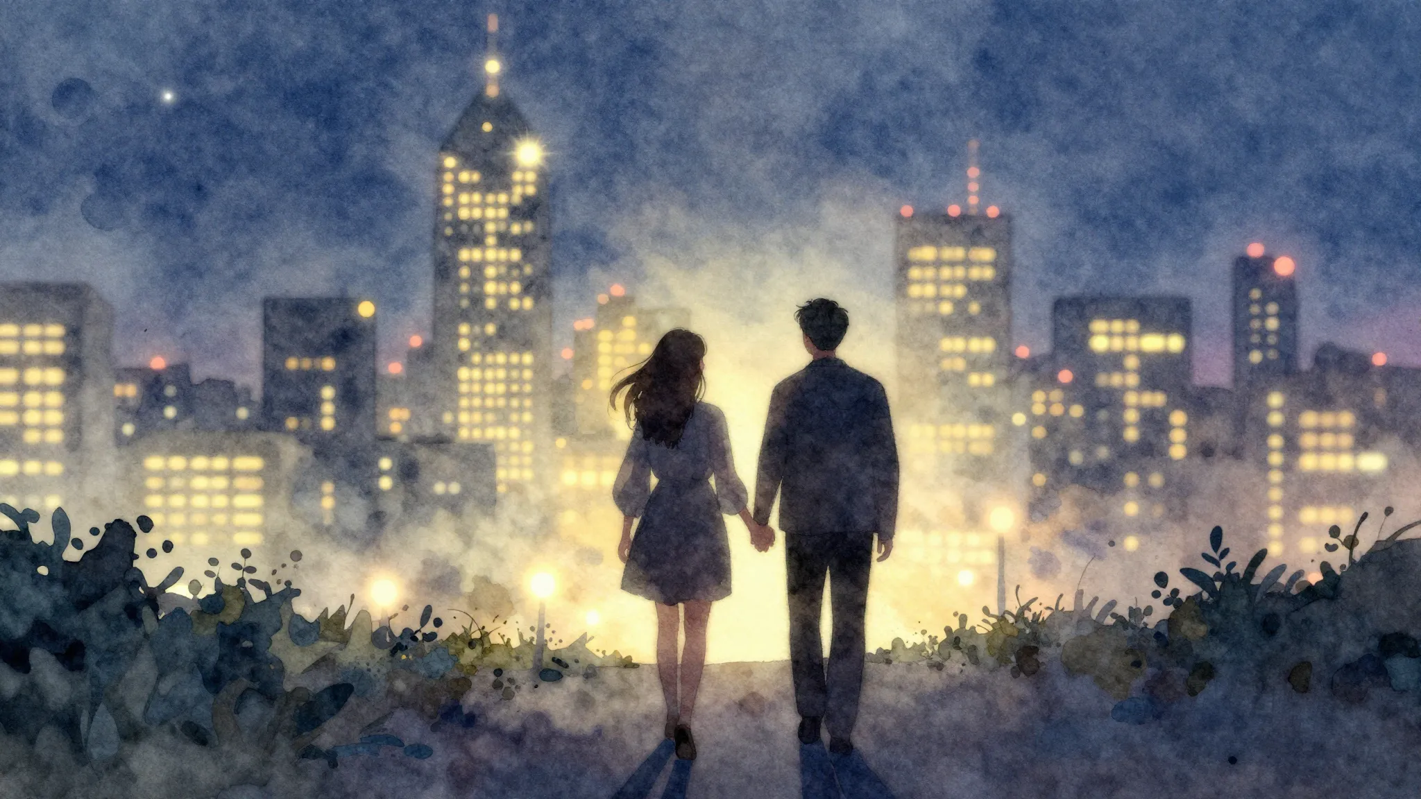 Watercolor style. A silhouette of a couple walking towards t...