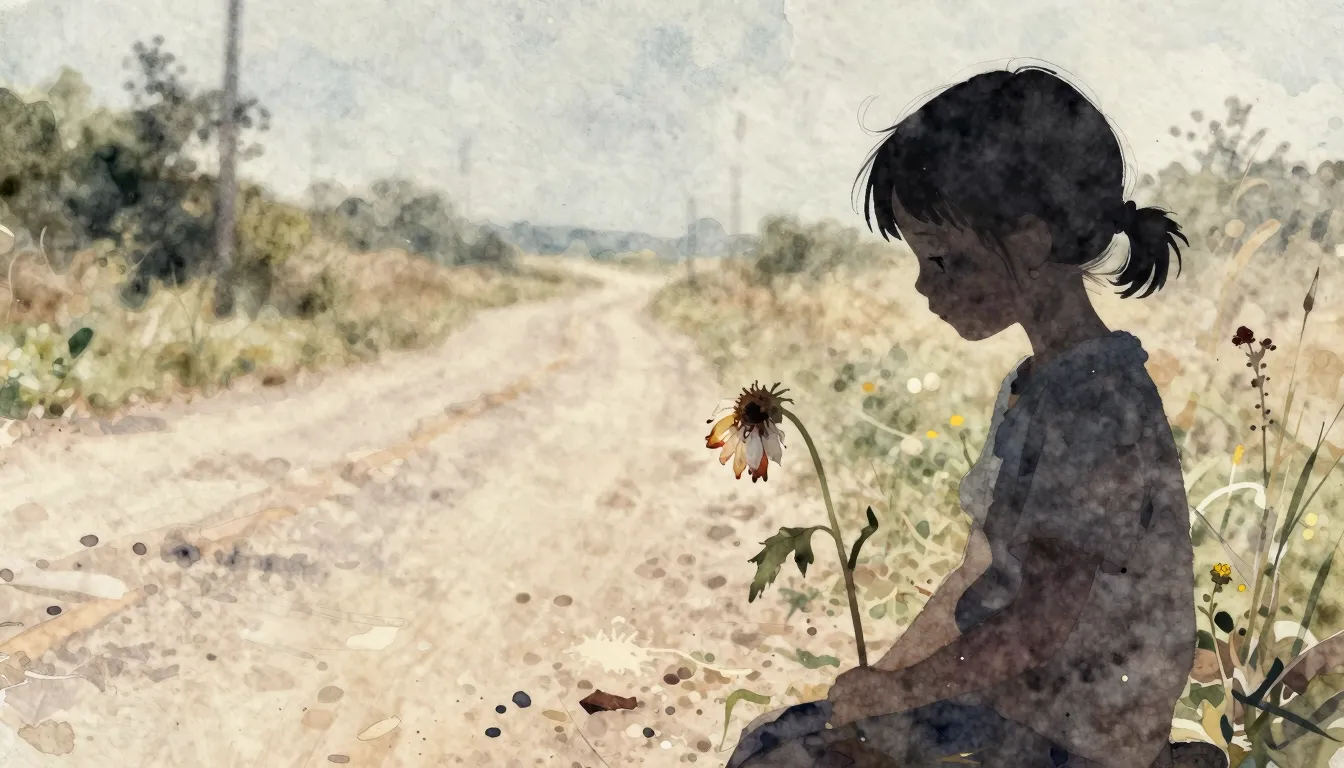 Vibrant watercolor style. Folk song cover, melancholic, silh...