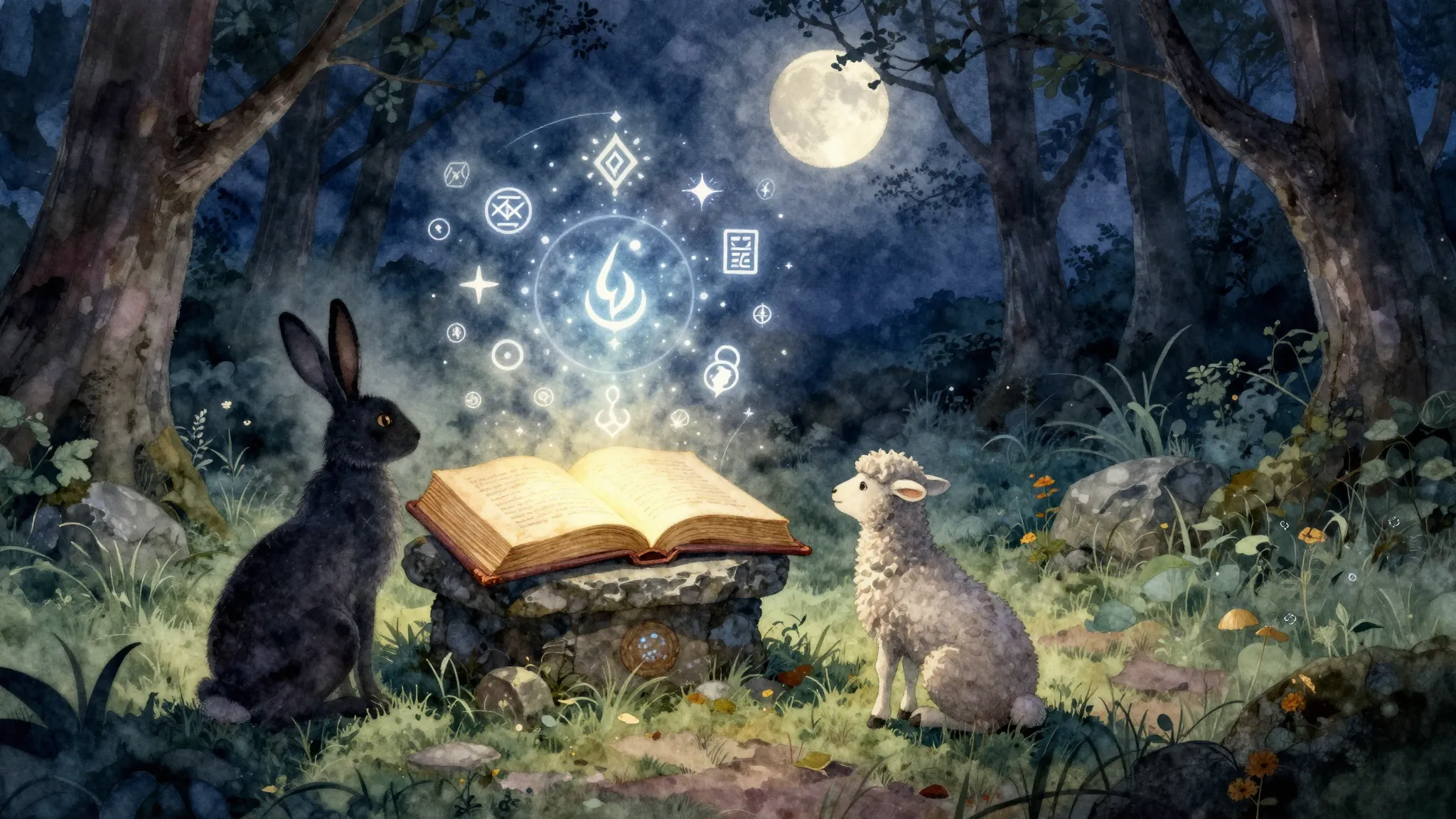 Watercolor style. A mystical forest clearing at night, a glo...