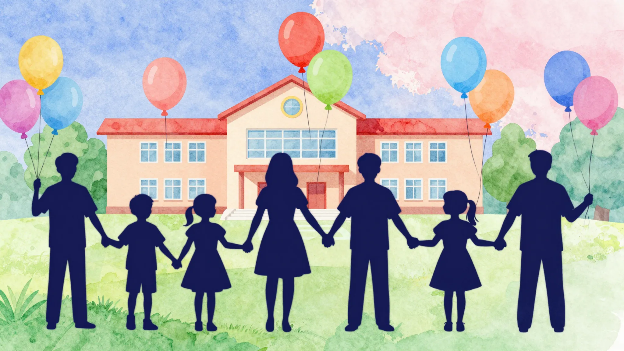 Watercolor style. Silhouettes of children and adults holding...