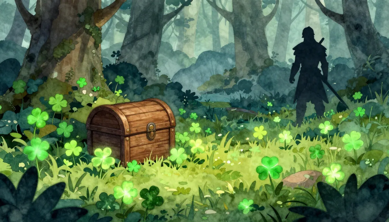 Watercolor style. Fantasy forest clearing, glowing green fou...