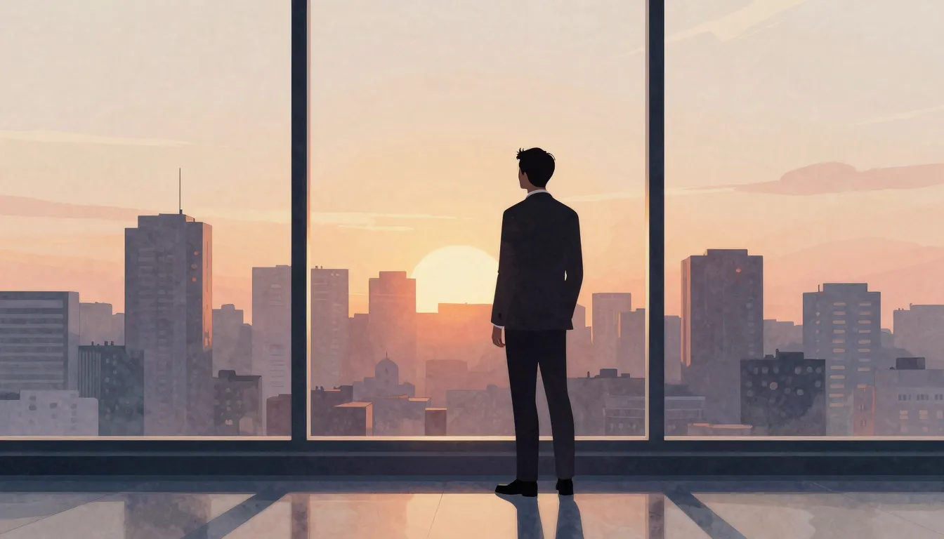 Watercolor style. A silhouette of a man in a suit looking at...