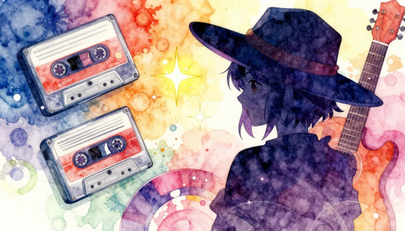 Vibrant watercolor style. Anime style album cover, vibrant c...