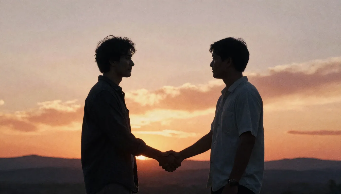 Watercolor style. Silhouette of two men shaking hands at sun...