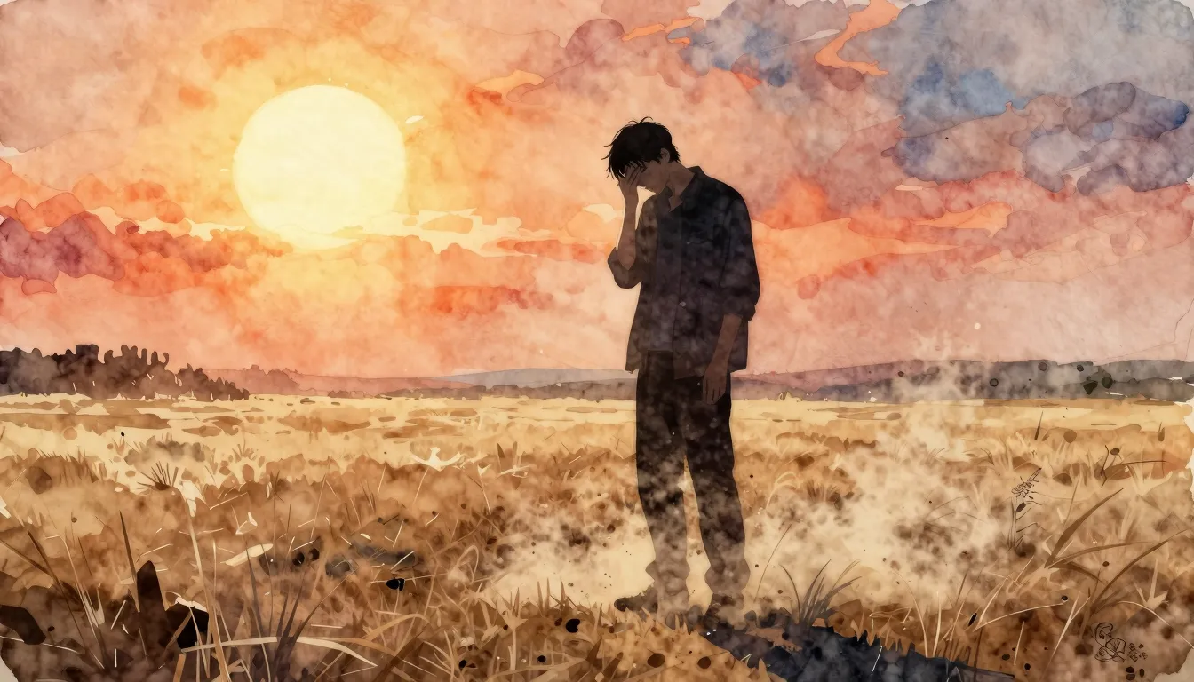 Watercolor style. Silhouette of a tired man standing in a va...