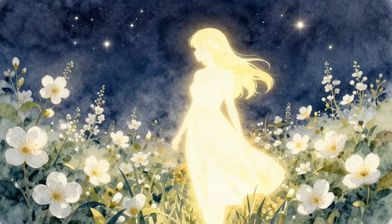 Watercolor style. A glowing silhouette of a woman standing i...