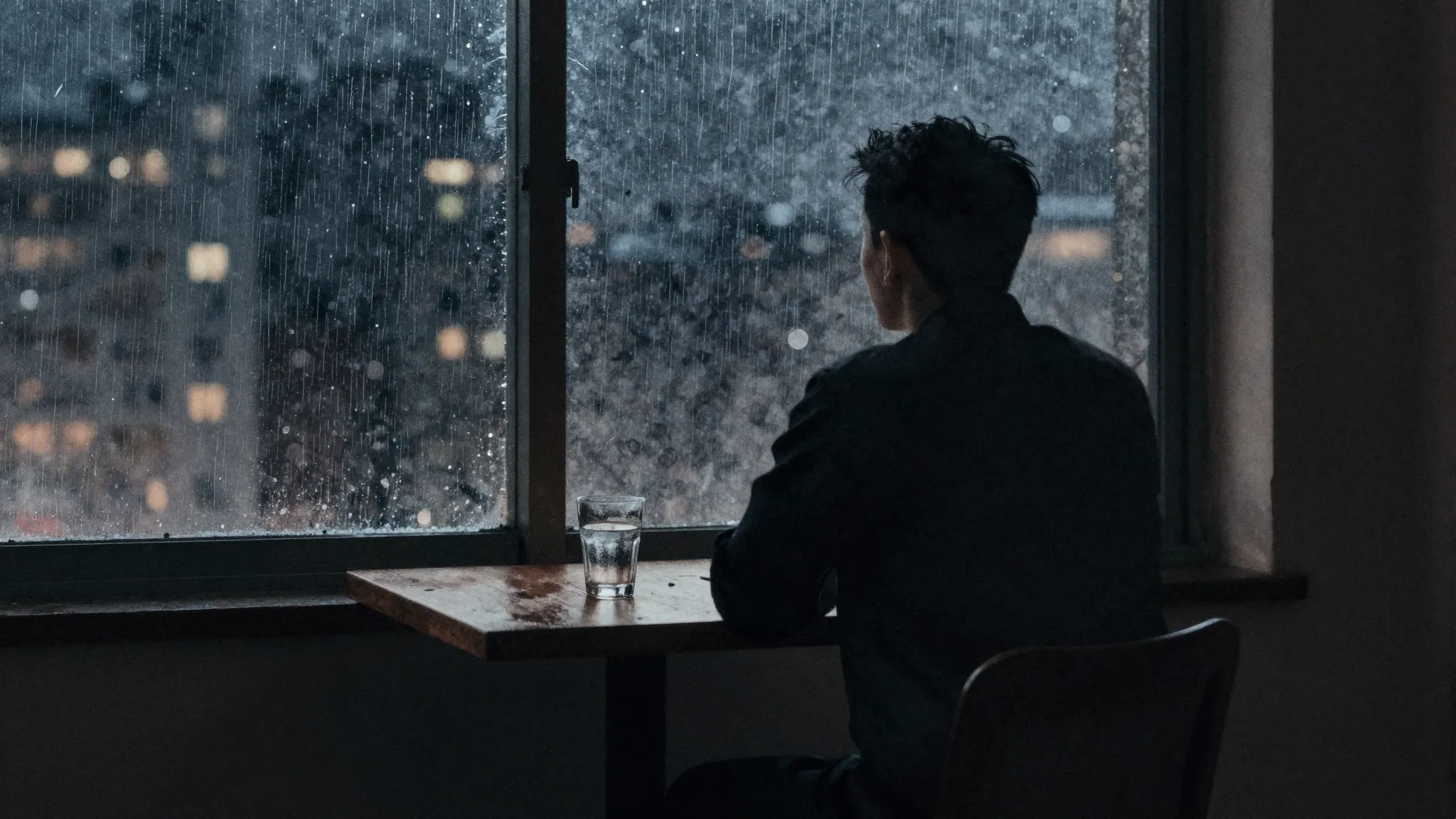 Watercolor style. A dark room with a silhouette sitting at a...