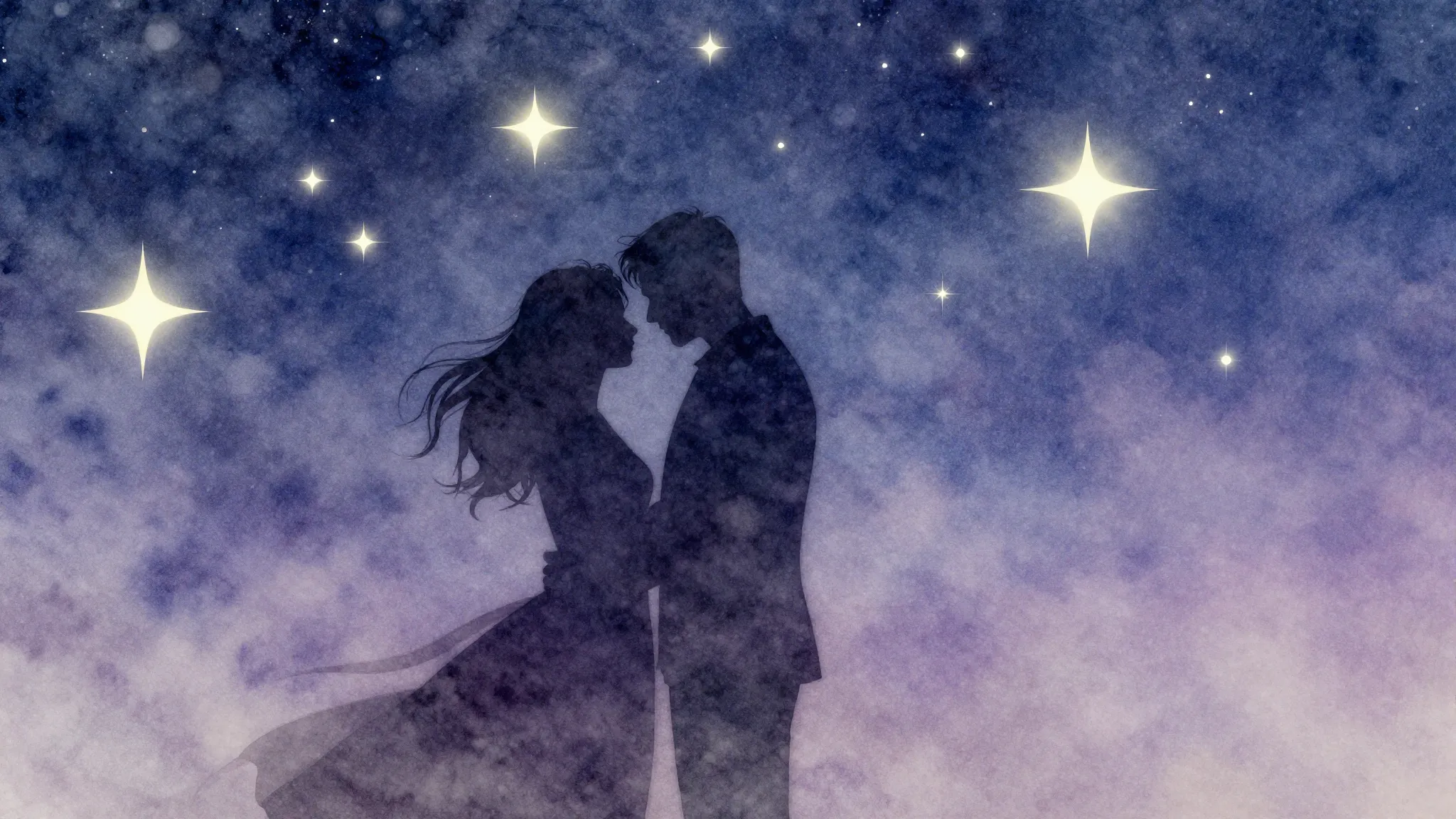 Watercolor style. Silhouette of a couple in love under a sta...