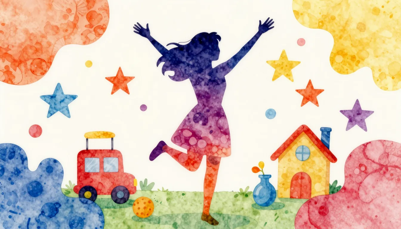Watercolor style. A silhouette of a joyful woman in a colorf...