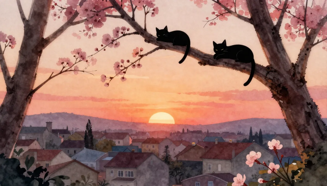 Watercolor style. Sunset in a small town, silhouettes of cat...
