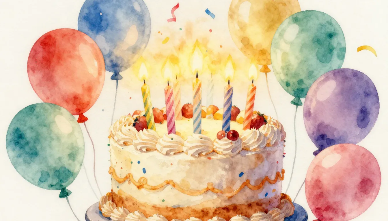 Watercolor style. A festive birthday cake with glowing candl...