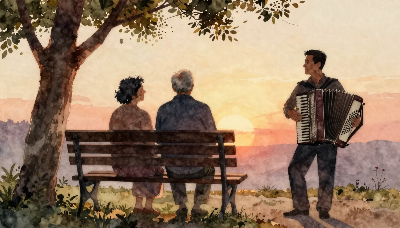 Watercolor style. Silhouettes of an old couple sitting on a ...