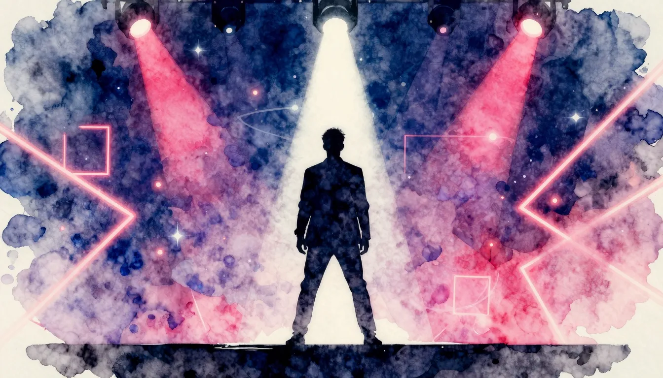 Watercolor style. A silhouette of a man standing on a stage ...