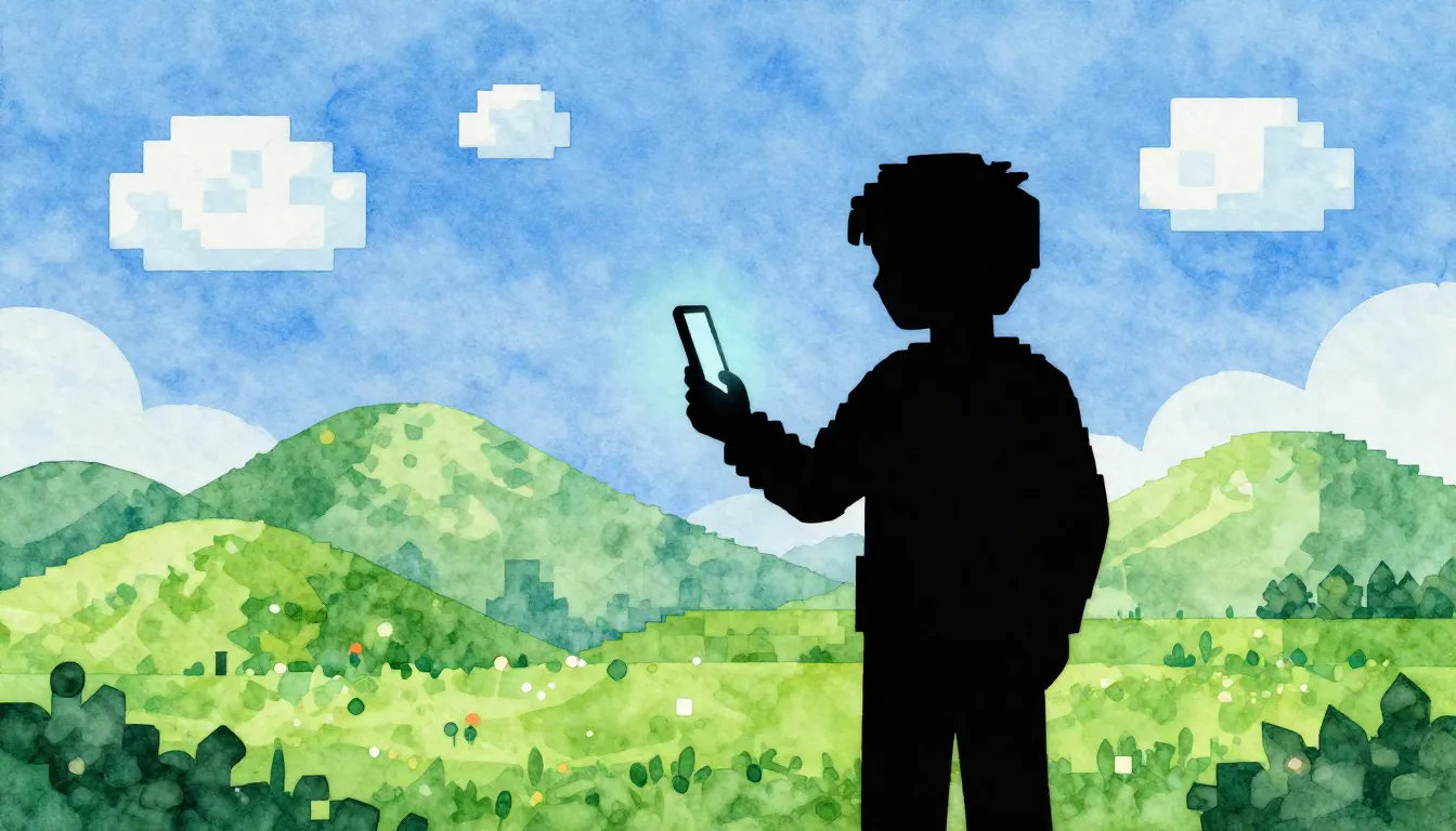 Watercolor style. A blocky pixel art landscape with a silhou...