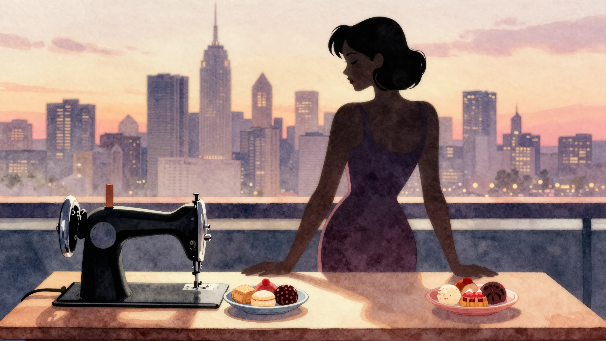 Watercolor style. A silhouette of a stylish woman standing b...