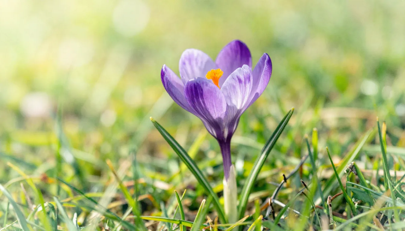 Watercolor style. A single purple crocus flower emerging fro...